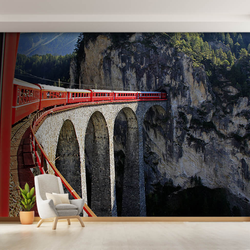 Red train entering the tunnel Landwasser Viaduct wall mural