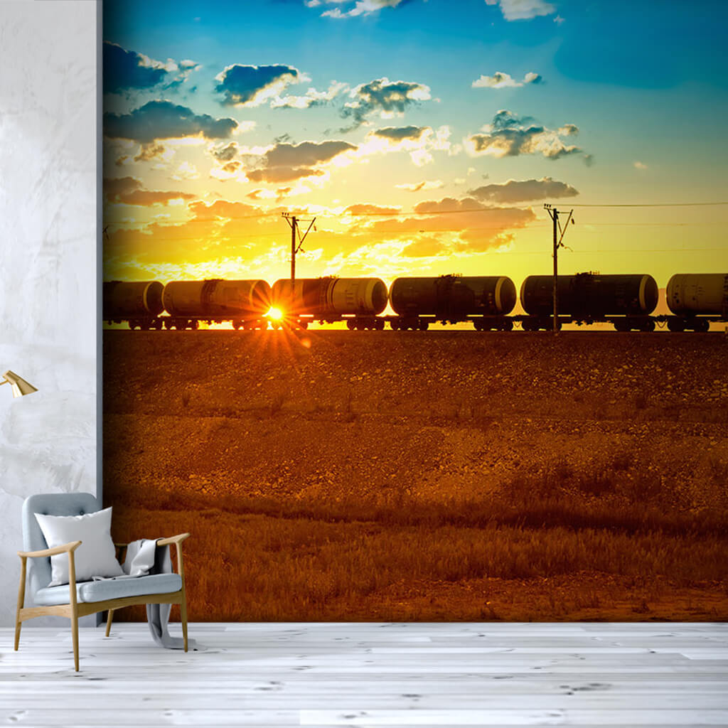 Cargo train wagons at sunset oil rig custom wall mural