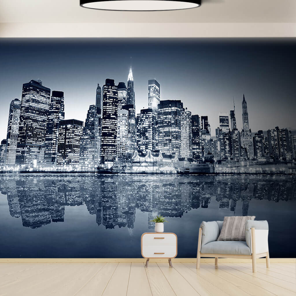 Işıklar şehri New York ve sudaki yansıması duvar kağıdı