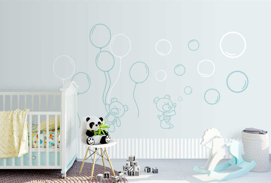 Balon ve köpükle oynayan ayı erkek bebek odası duvar kağıdı