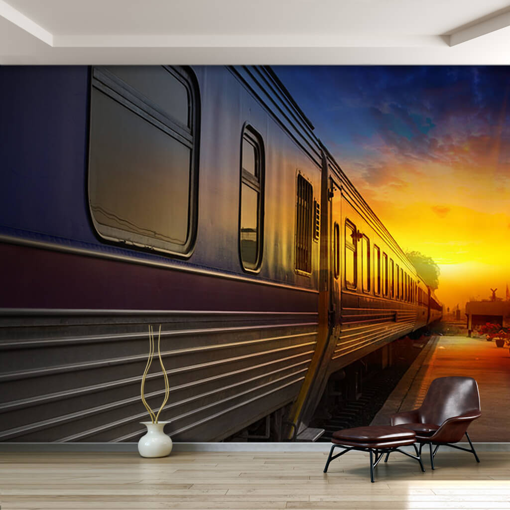 Sunset and passenger train wagons custom scalable wall mural