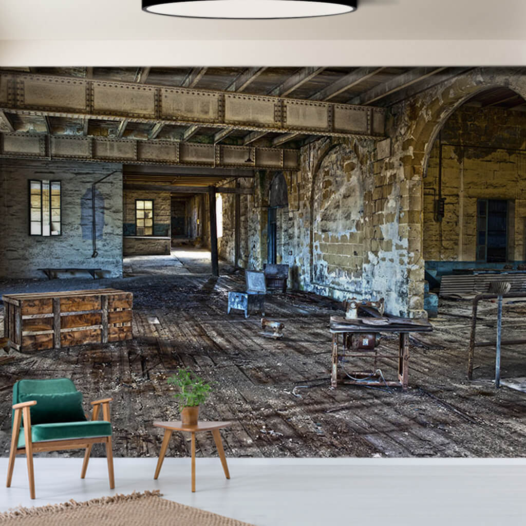 Old ruined industrial workshop loft interior view wall mural