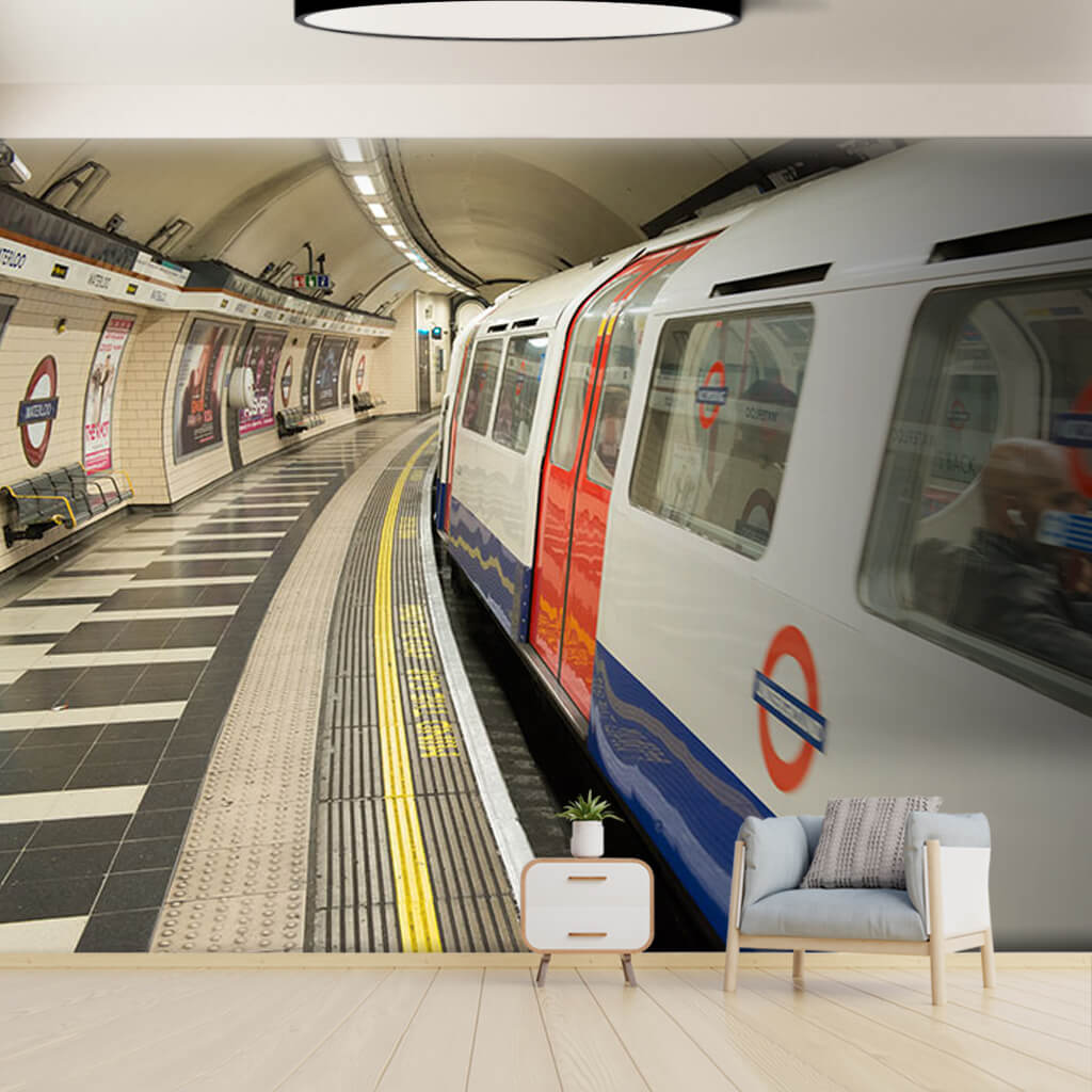 London subway train with wagons metro station wall mural