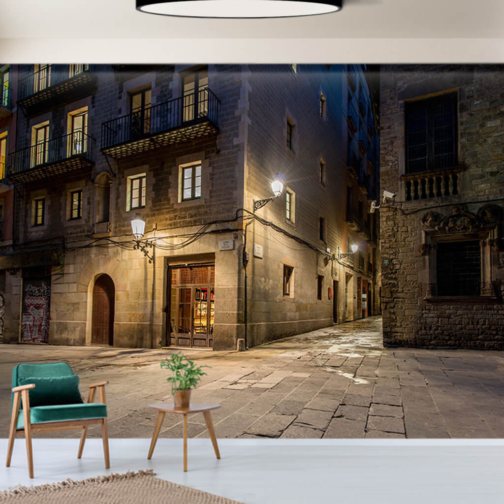 Secluded street corner city at night Barcelona wall mural