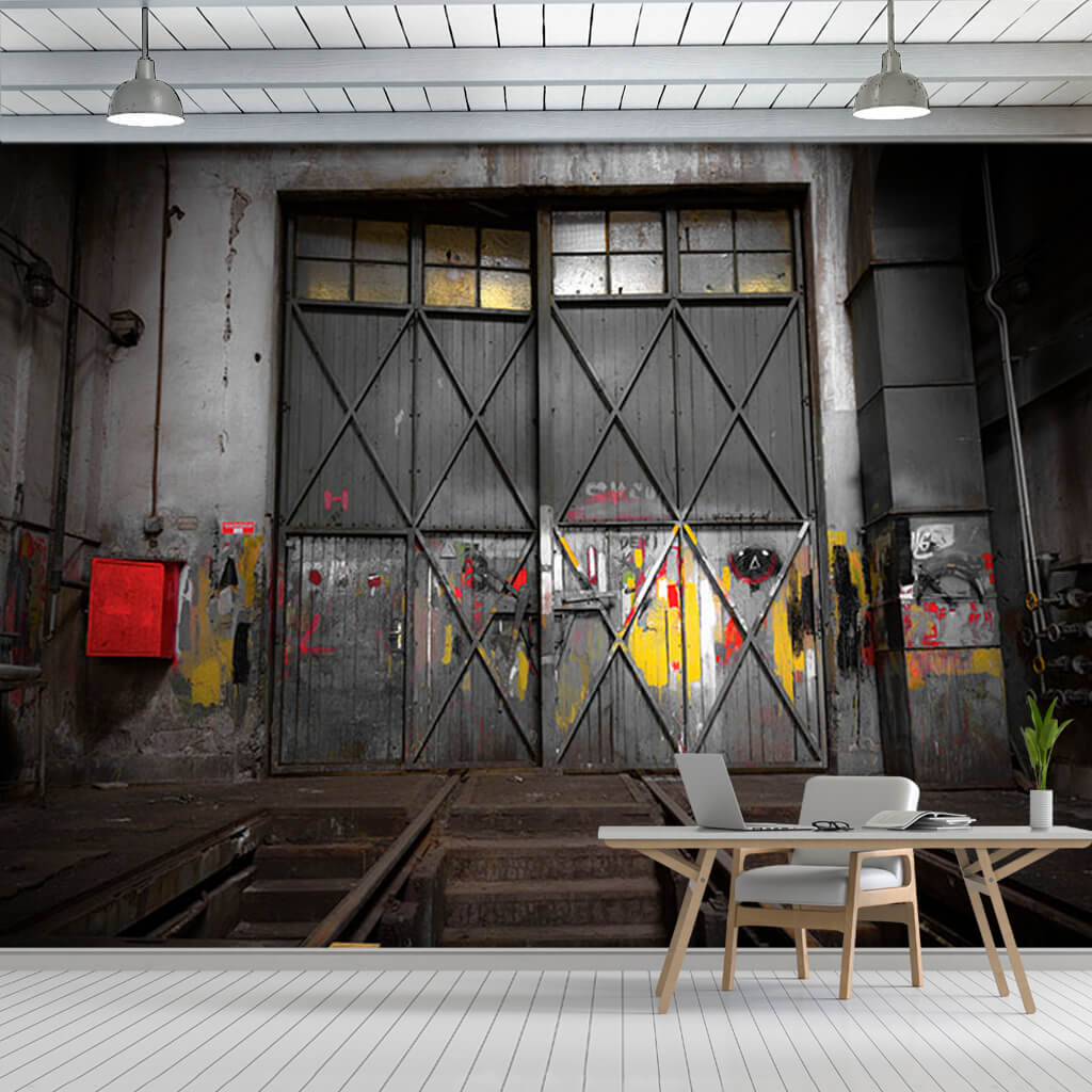 Old industrial workshop with iron gate custom wall mural