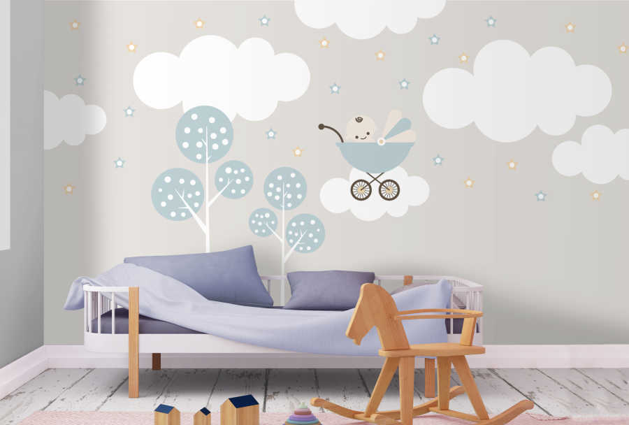 Flying stroller in the clouds trees and stars boy wall mural