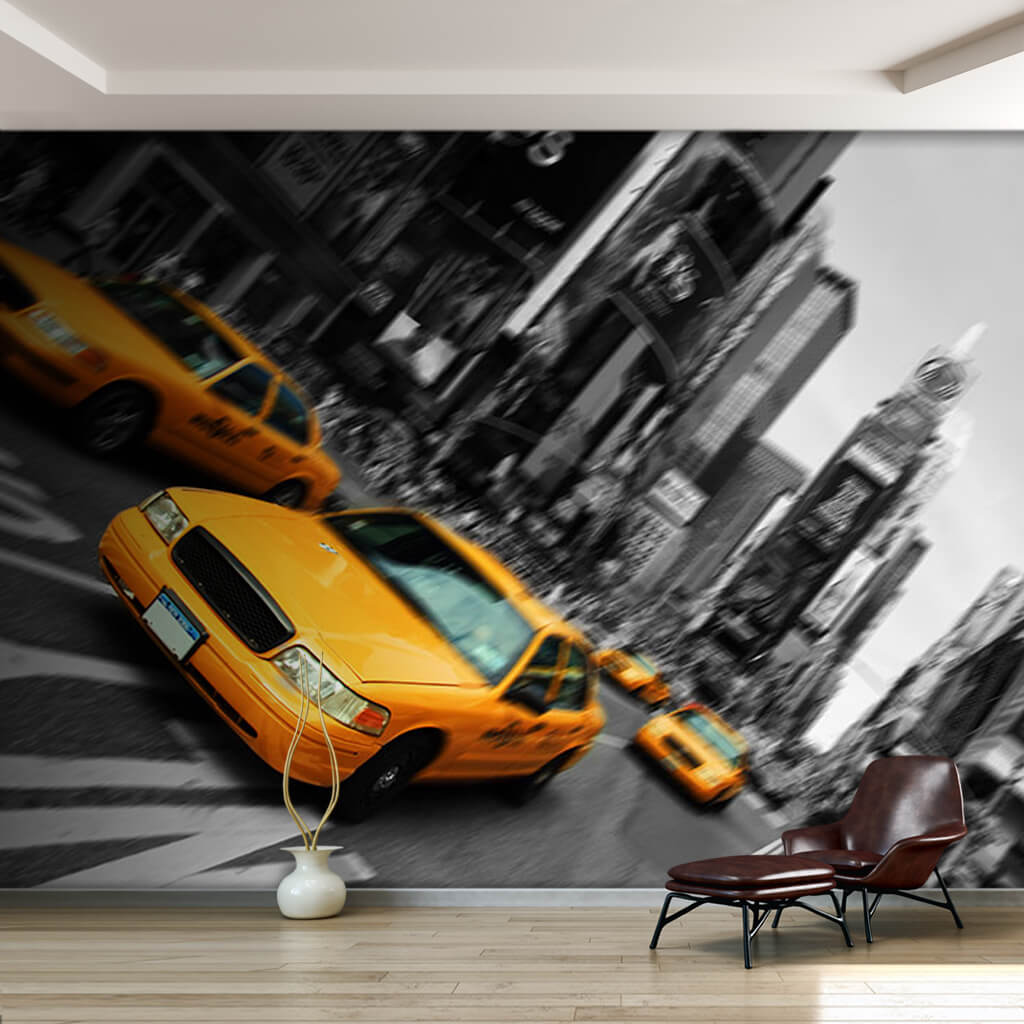 Times Square Yellow Taxis New York black white wall mural