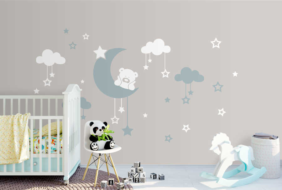 Bulutlar yıldız ay ve ayı erkek bebek odası duvar kağıdı