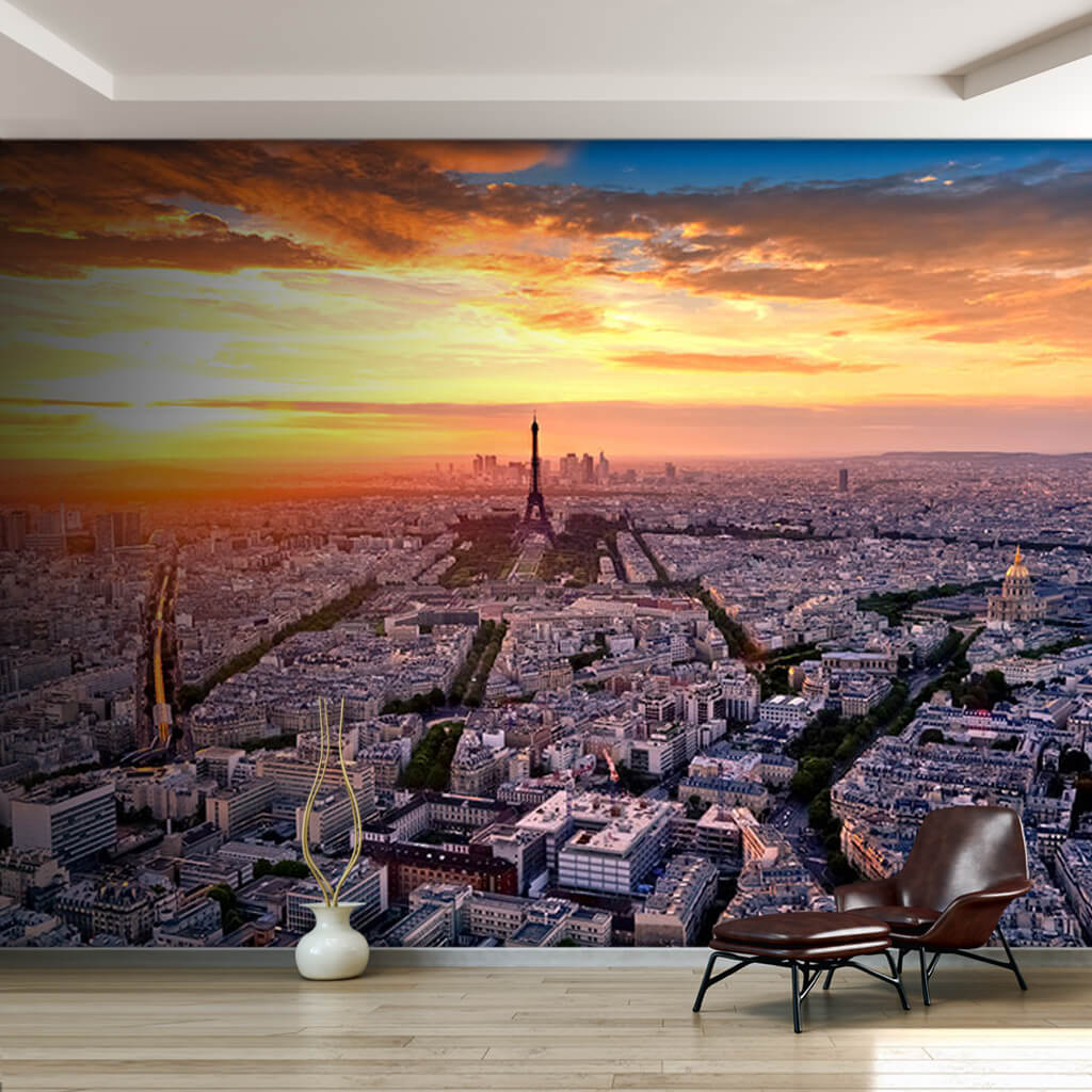 Eiffel tower and city plan at sunset Paris wall mural