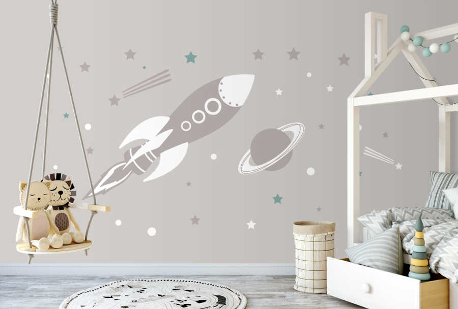 Uzaya giden roket yıldızlar gezegen bebek odası duvar kağıdı. 