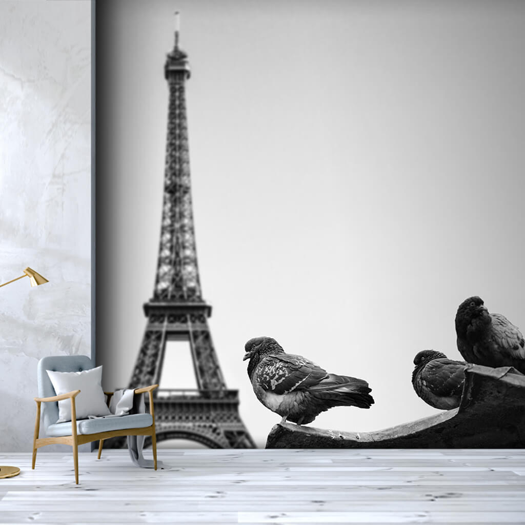 Eiffel tower and 3 doves birds Paris black white wall mural