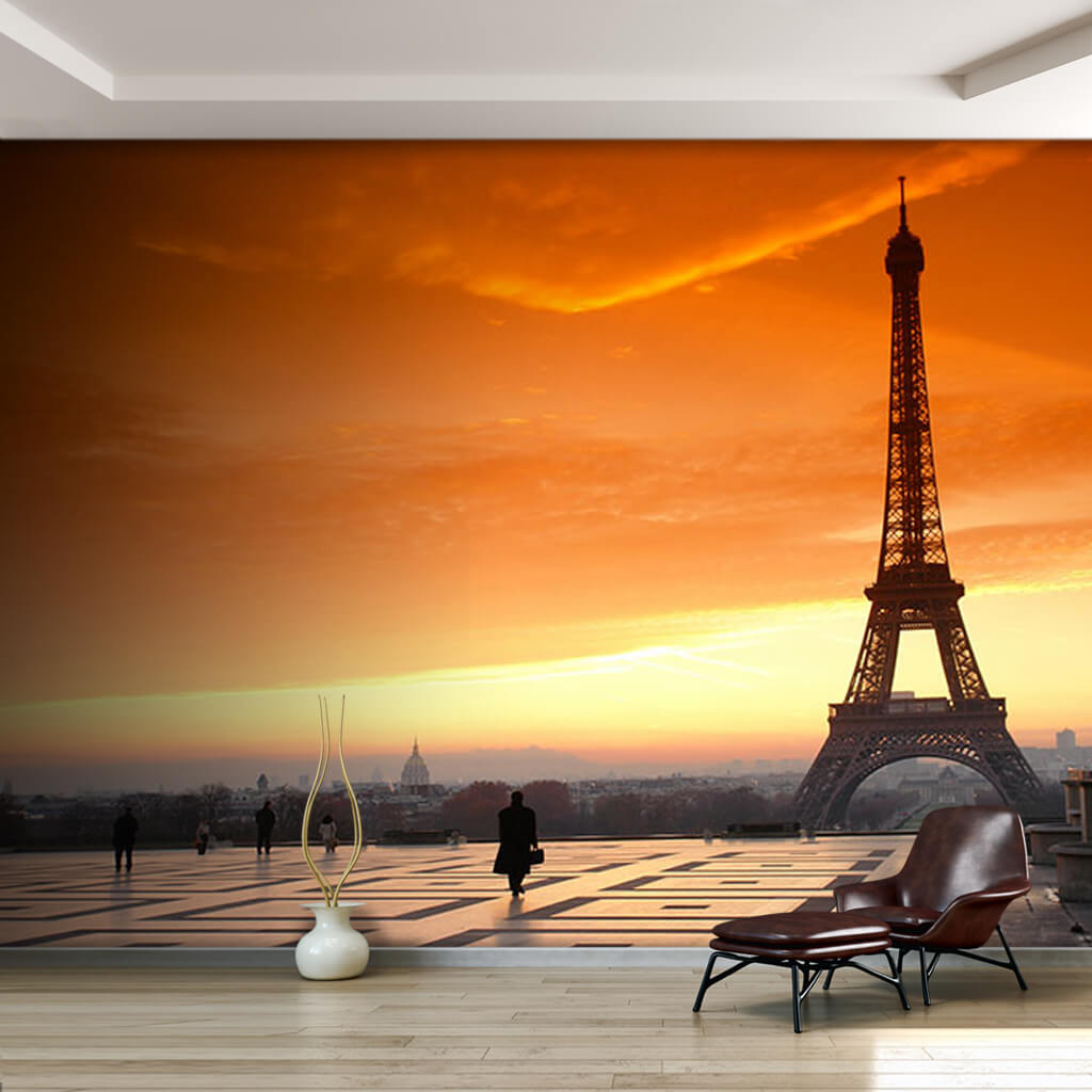 Gün batımında şehir silüeti ve Eyfel Kulesi Paris duvar kağıdı