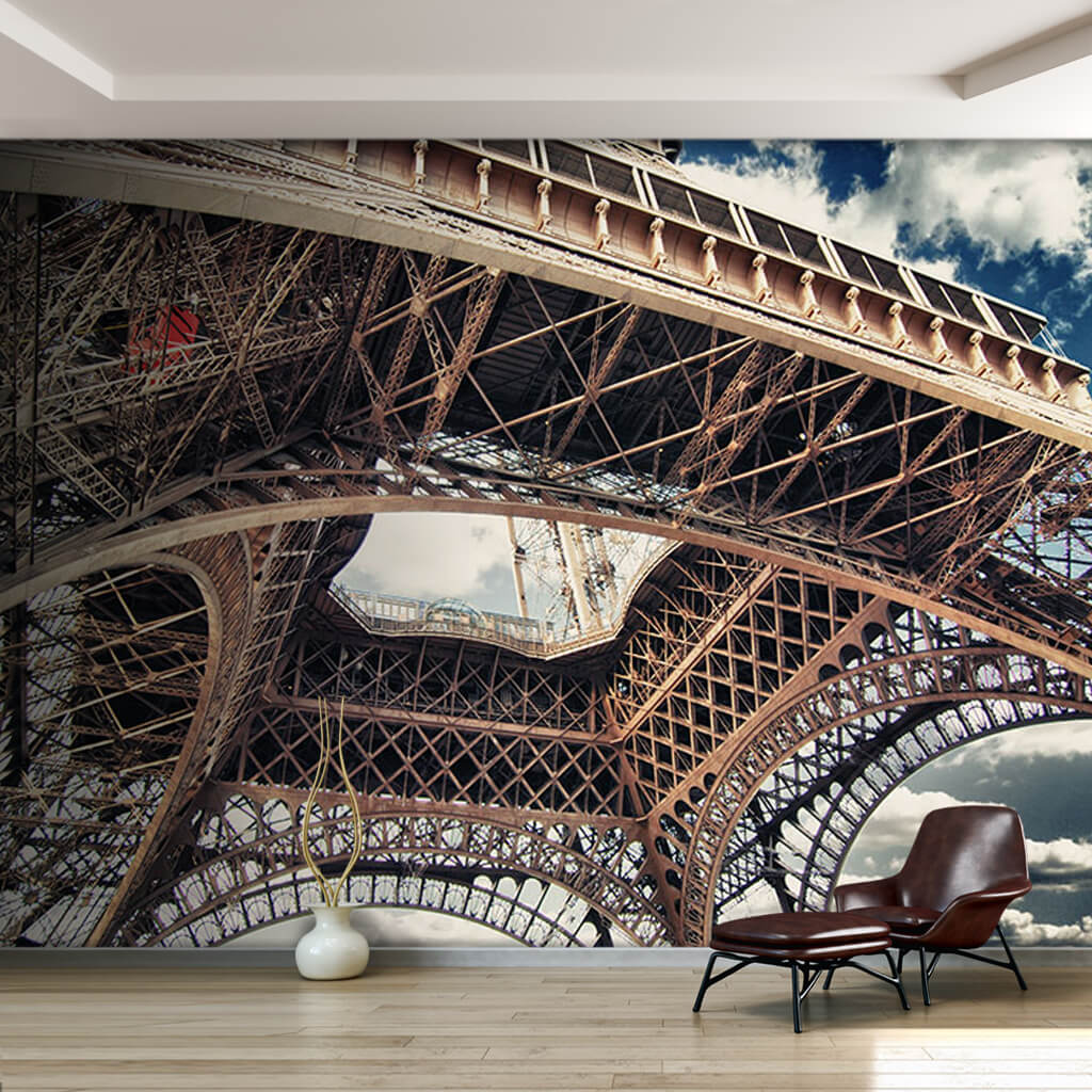 Eiffel tower's steel feet view from below ceiling wall mural