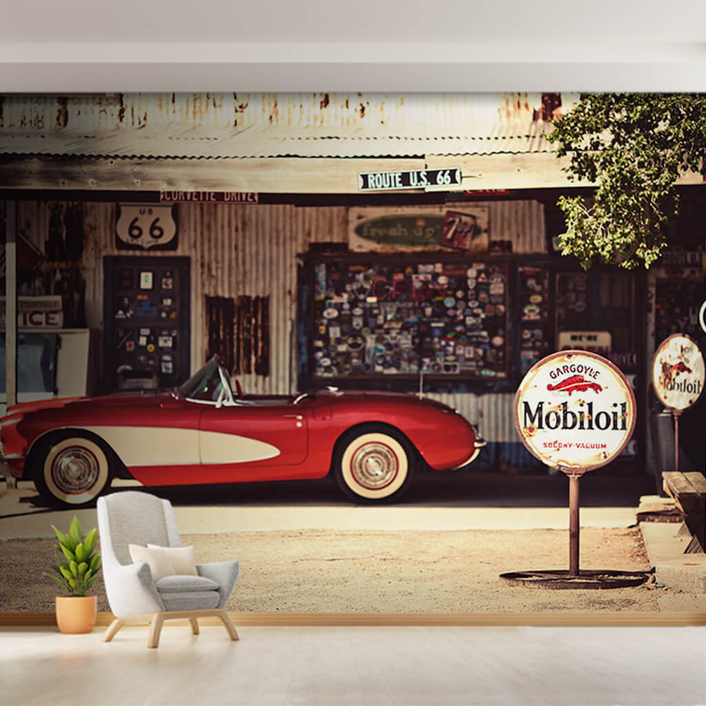 Red white classic Corvette vintage in workshop wall mural