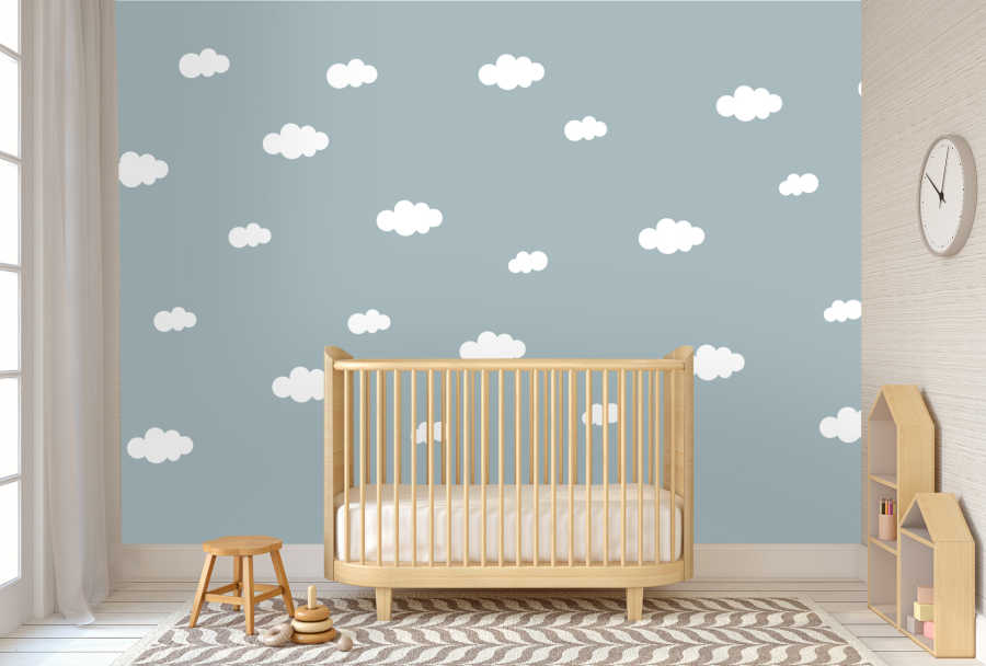 Mavi gökyüzü ve pamuk bulutlar bebek odası duvar kağıdı
