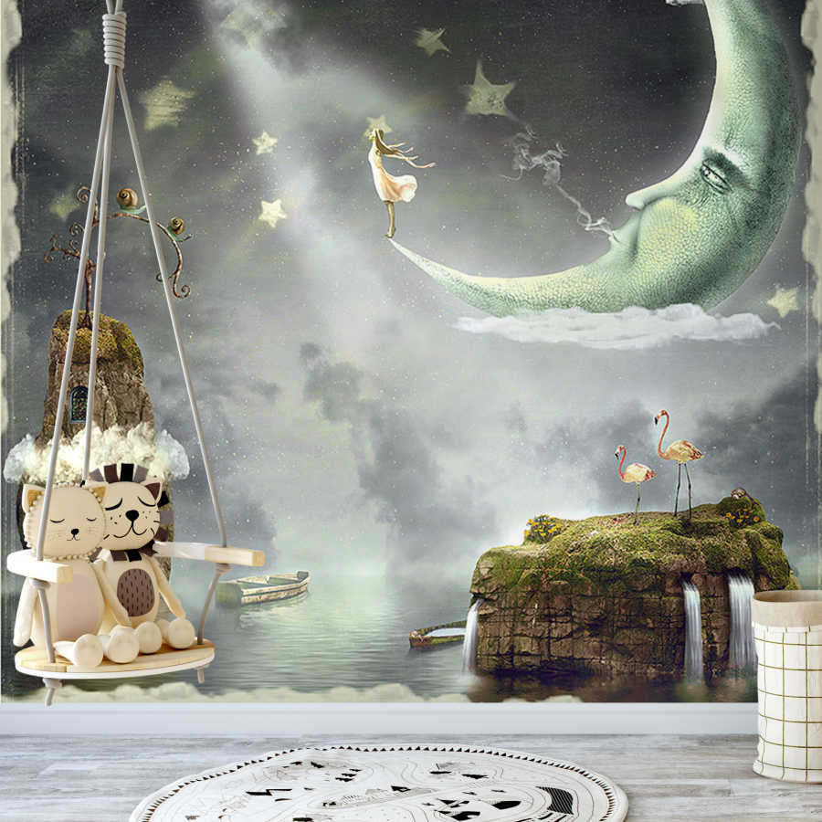 Children's room wall mural with moon and stars in dreamland