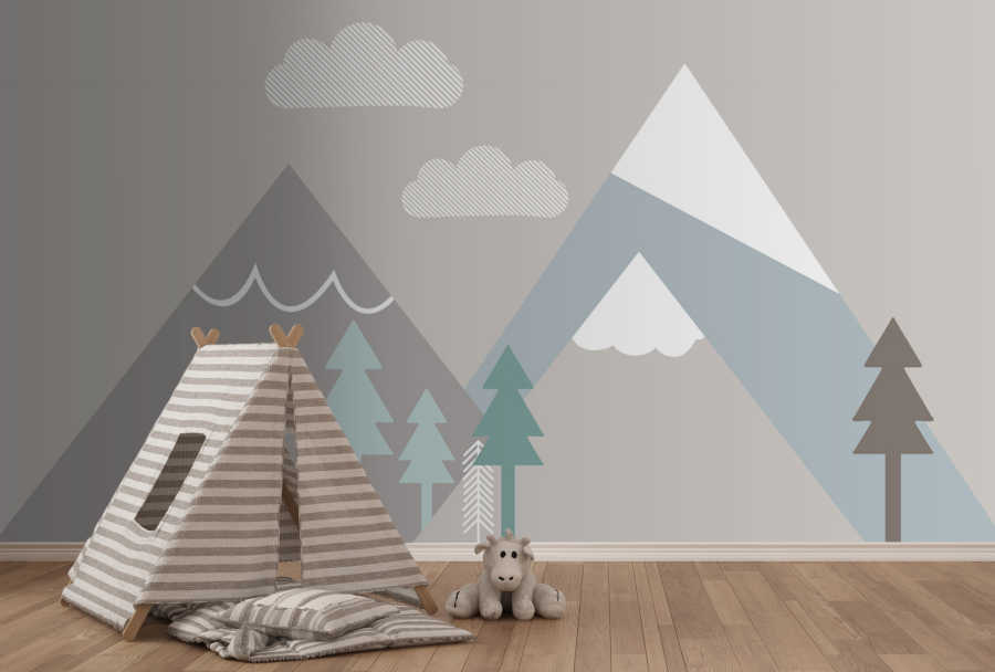 Çam ağaçları karlı dağlar ve bulut bebek odası duvar kağıdı