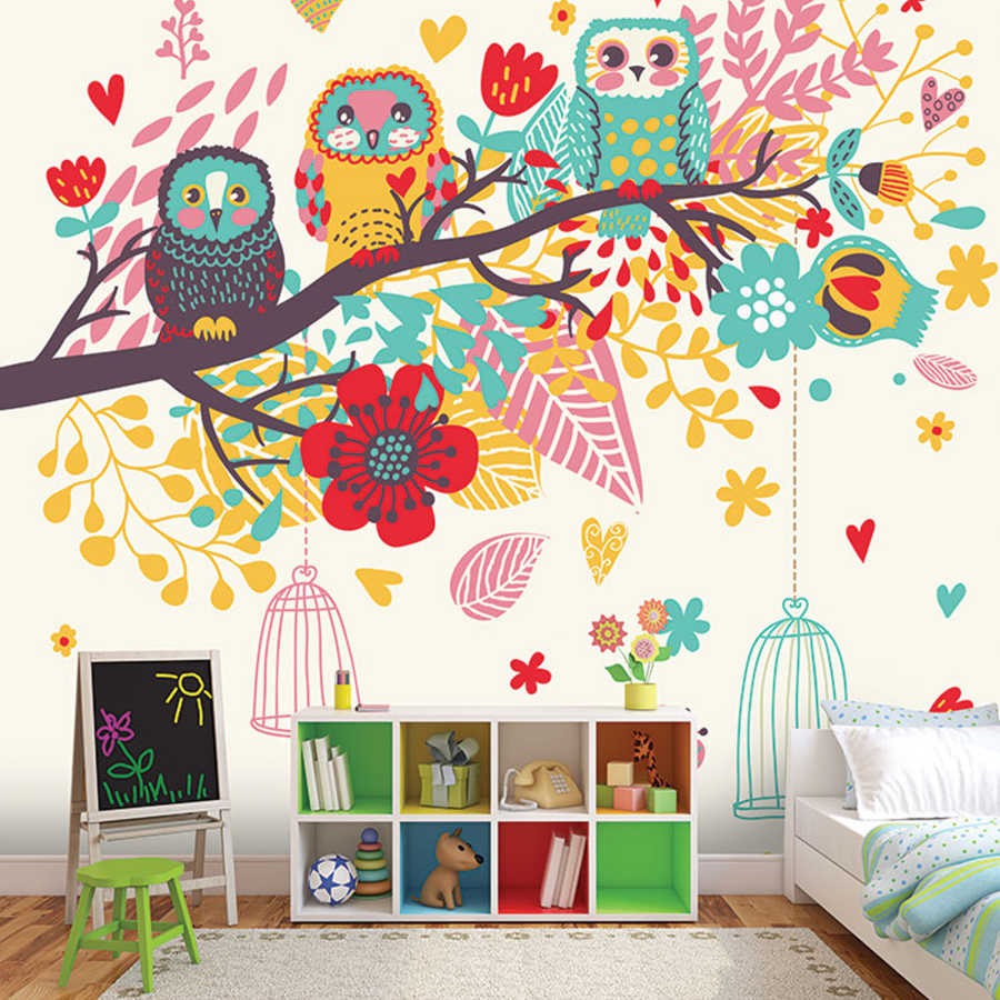 Renkli yapraklar ve baykuşlar çocuk odası duvar kağıdı
