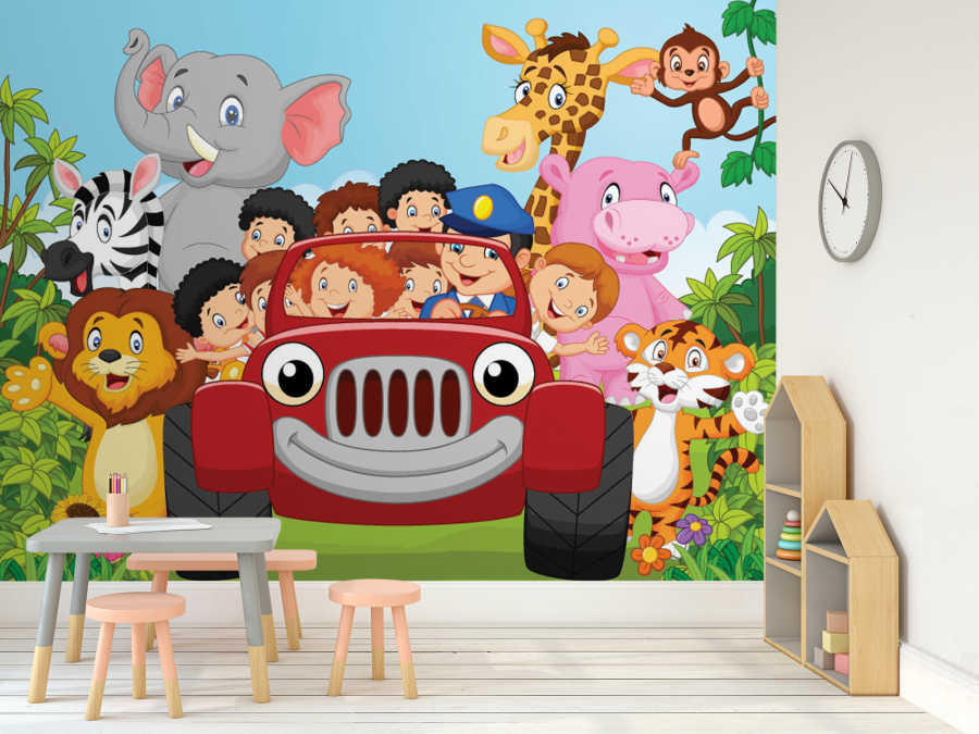 Jeep ile ormanda safari çocuk odası duvar kağıdı