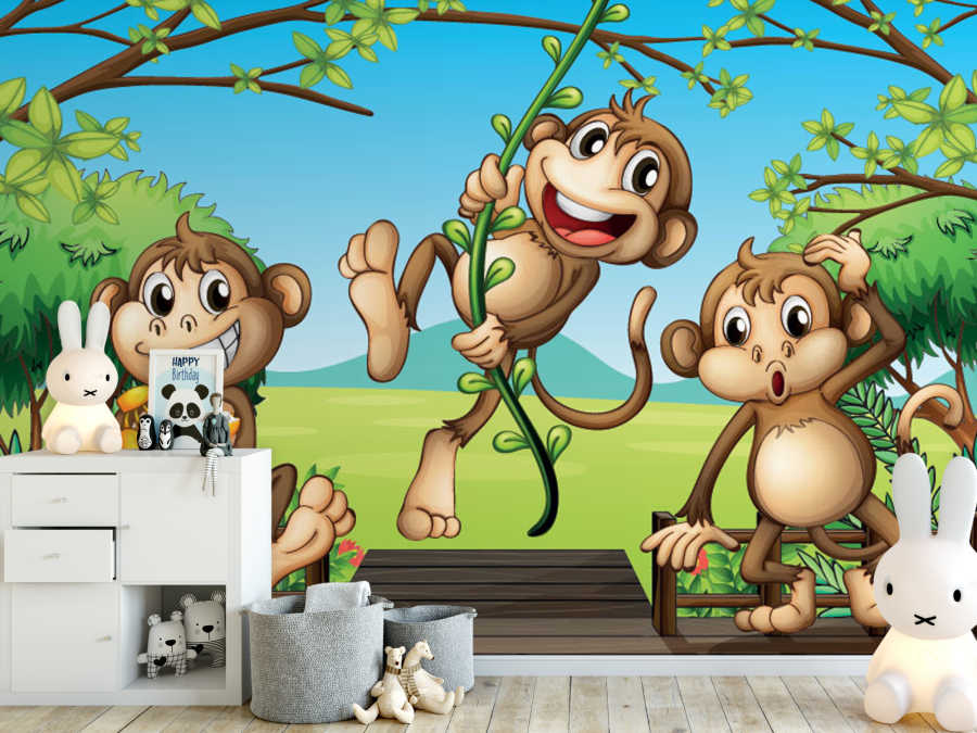 Ormanda sallanan maymunlar çocuk odası duvar kağıdı