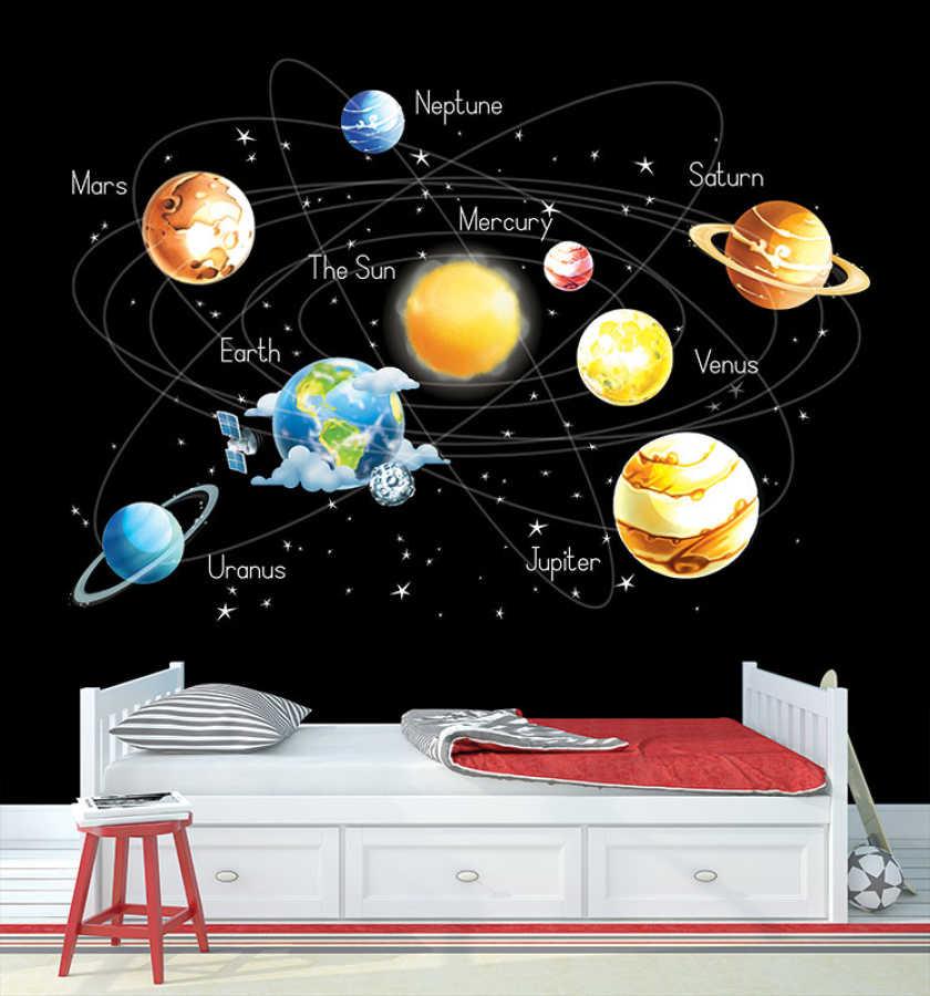 Solar system space and planets kids room wall mural