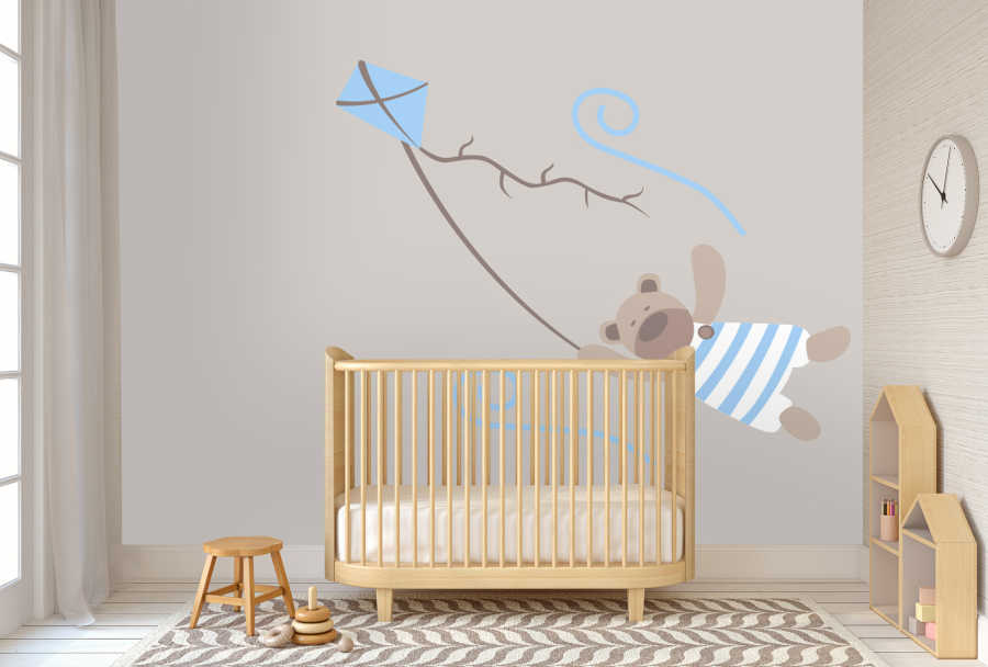 Rüzgarda uçurtma ile uçan ayı bebek odası duvar kağıdı