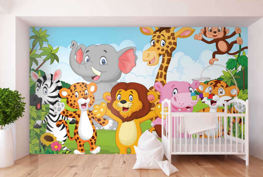 Selfie with smiling forest animals kids room wall mural