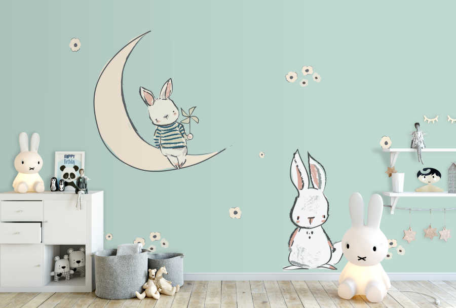 Mavi gökyüzünde beyaz tavşanlar bebek odası duvar kağıdı