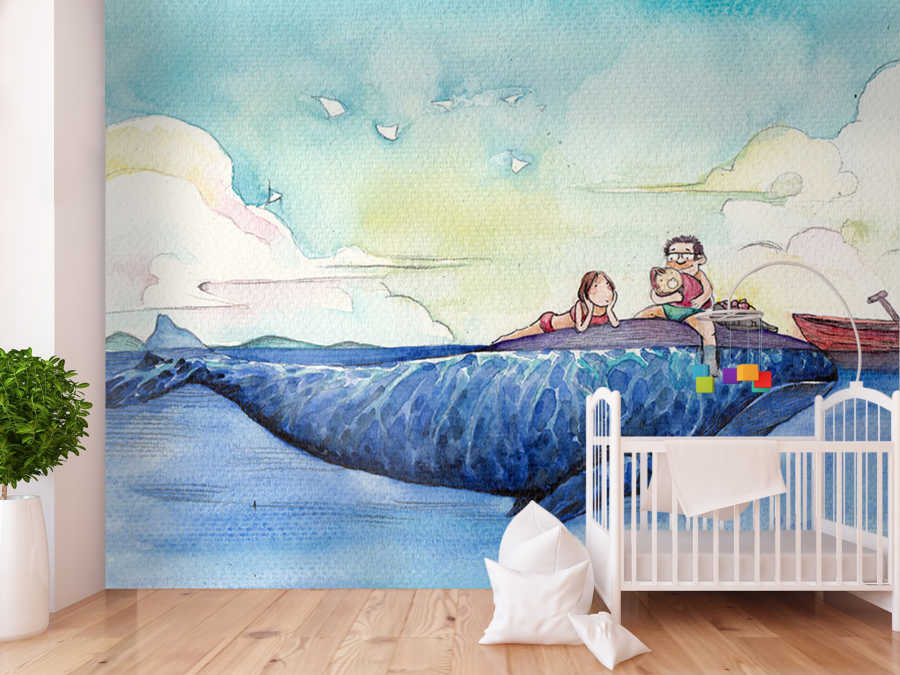 Mavi balina üzerinde aile tatili çocuk odası duvar kağıdı