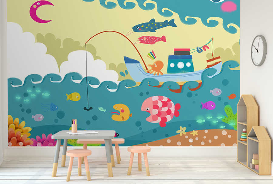 Ship and Fish Flying in Sky cartoon artwork kids wall mural