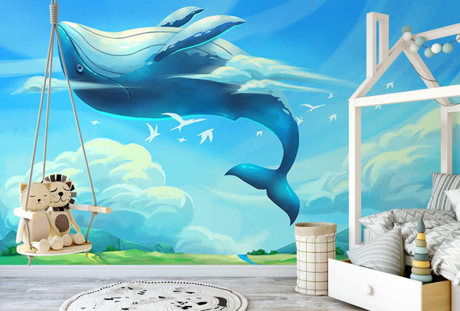 Whale flying over green plains kids room wall mural