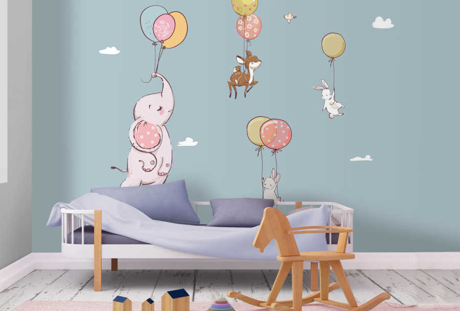 Uçan balonla uçan fil ceylan tavşan bebek odası duvar kağıdı