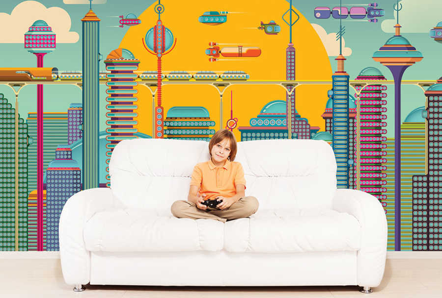 Future time city and traffic drawing kids room wall mural