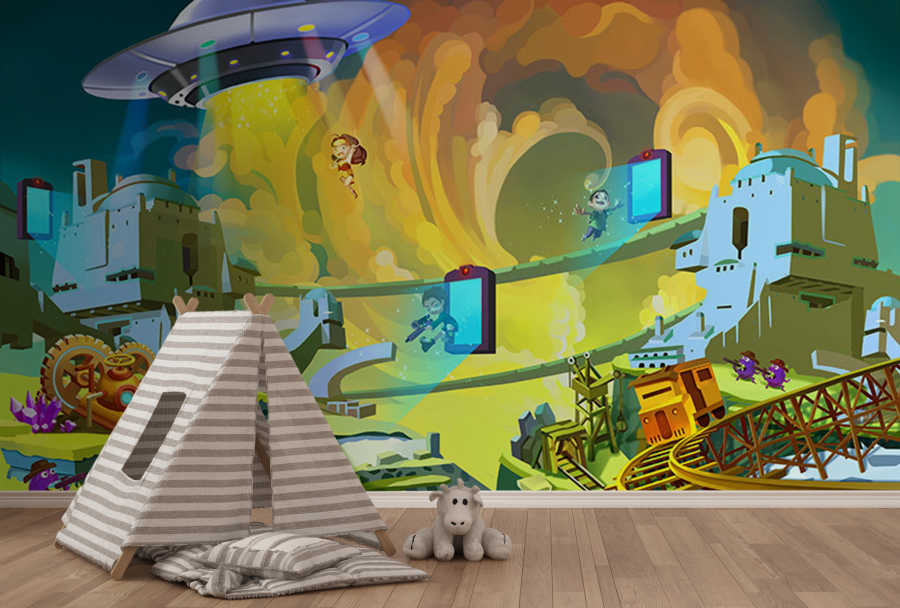 Playground in the space and ufo kids room wall mural
