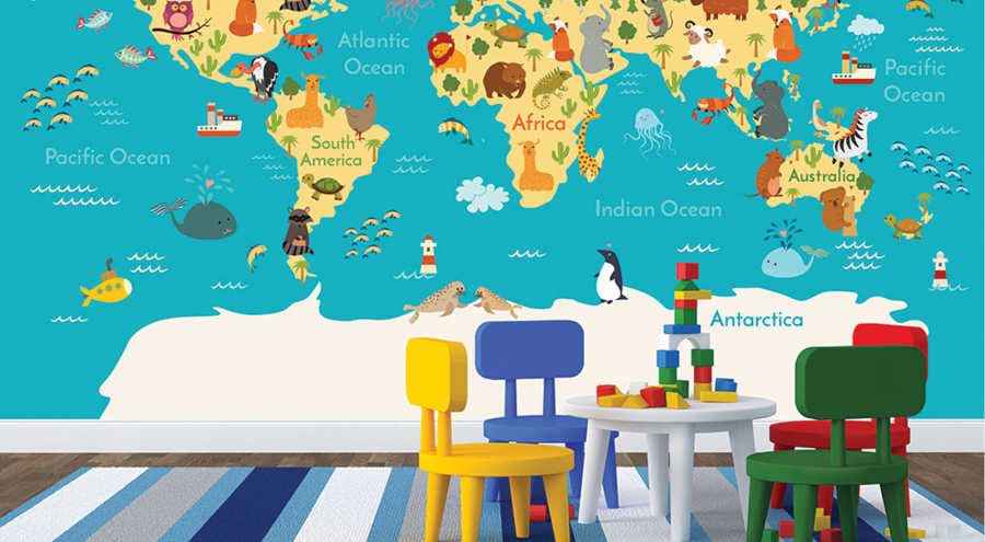 World map and Atlas of cute animals kids room wall mural