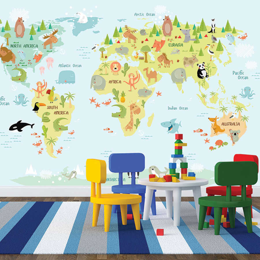 Hayvanlı dünya haritası kıtalar ve deniz çocuk duvar kağıdı