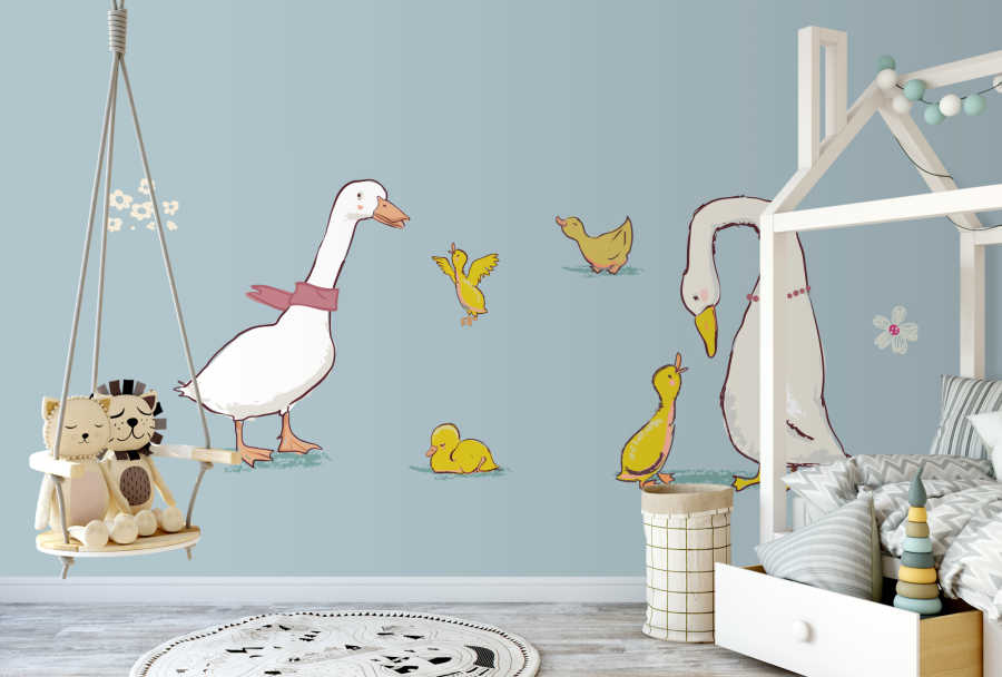 Parent gooses and their yellow chicks baby room wall mural