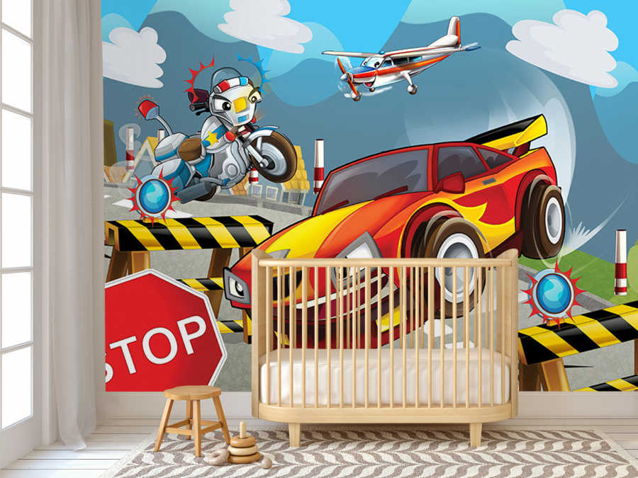 Race car airplane and police motorcycle kids wall mural