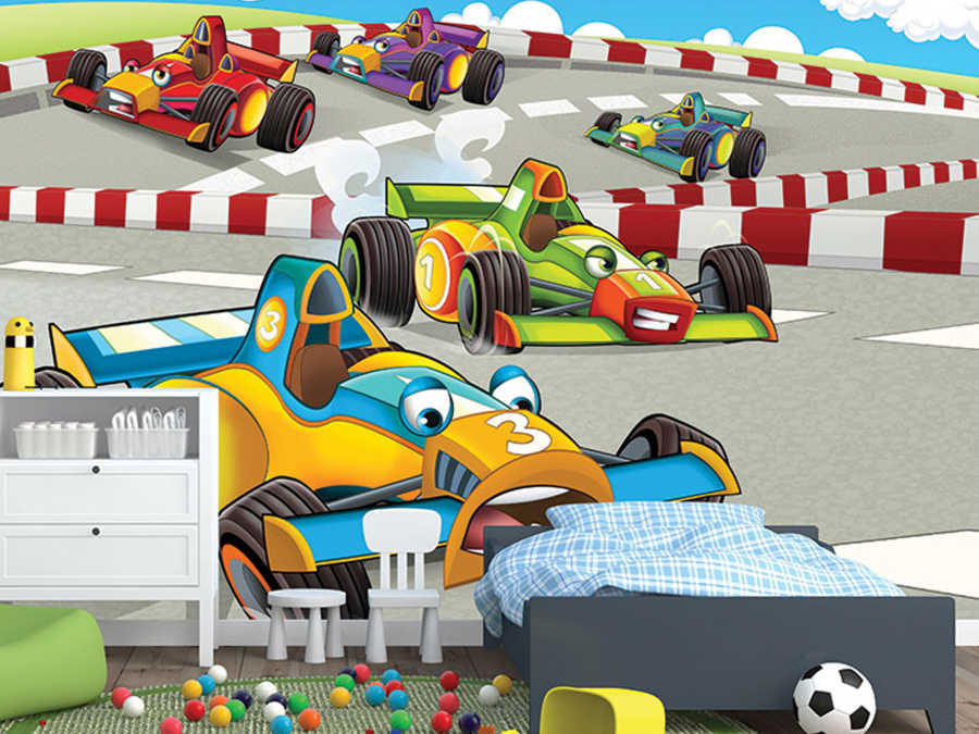 Formula racing cars on race track kids room wall mural