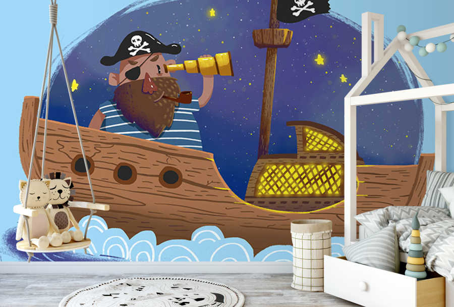 Korsan gemisinde dürbünle bakan kaptan çocuk duvar kağıdı