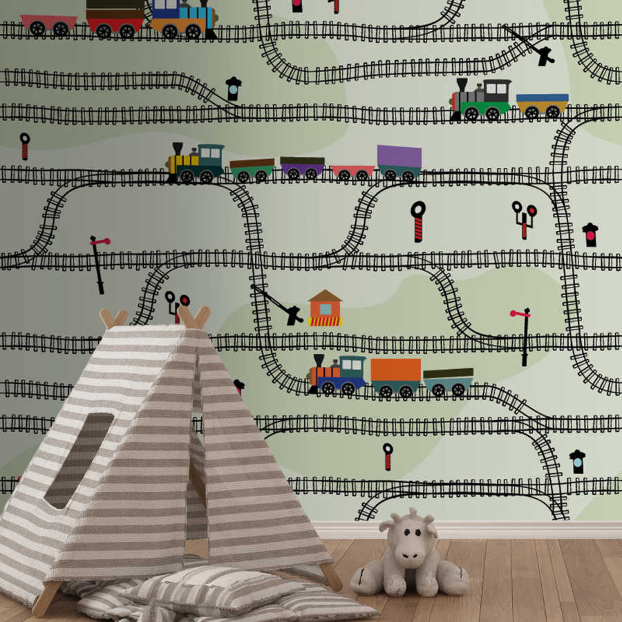 Toy trains with wagons at railroad kids room wall mural