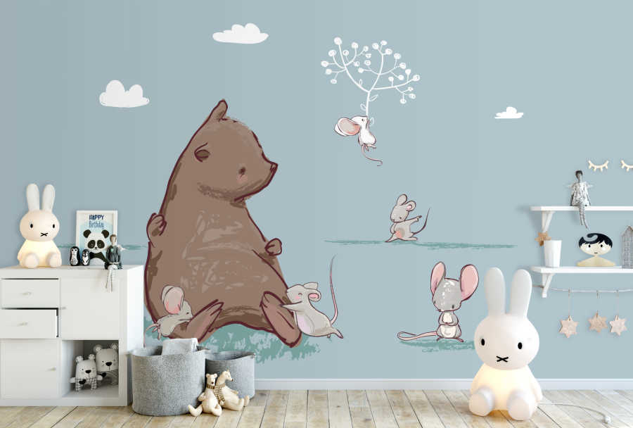 Teddy bear playing with naughty mice baby room wall mural