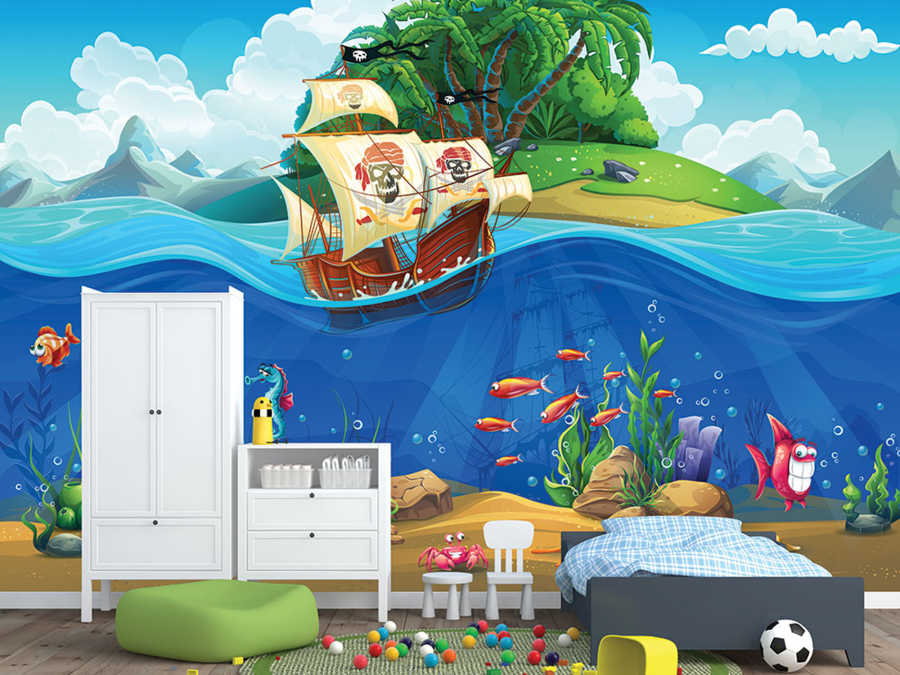 Pirate ship and treasure island kids room wall mural