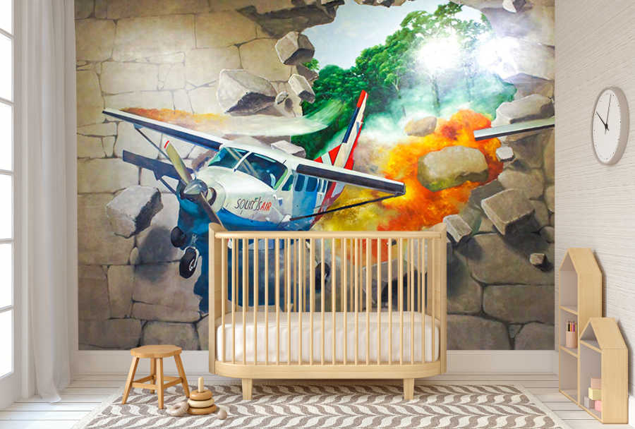 Single propeller plane crash kids room wall mural