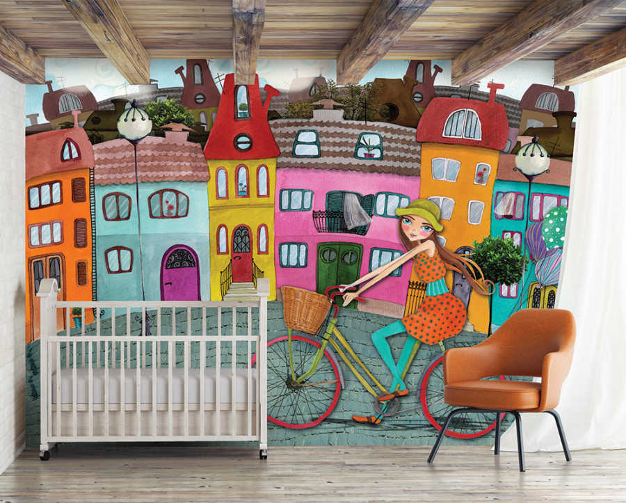 Girl on yellow bike in the city kids room wall mural
