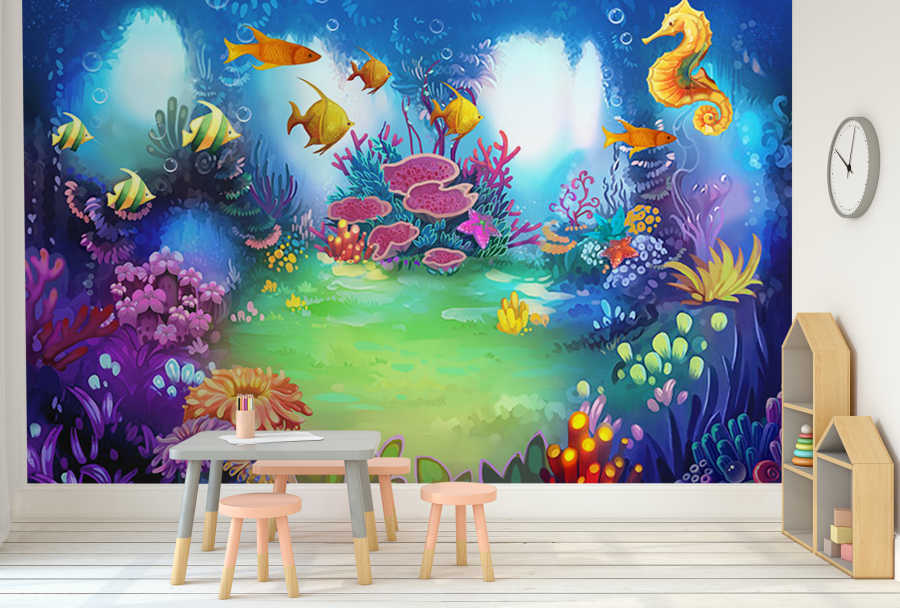 Underwater life seahorse and fishes kids room wall mural