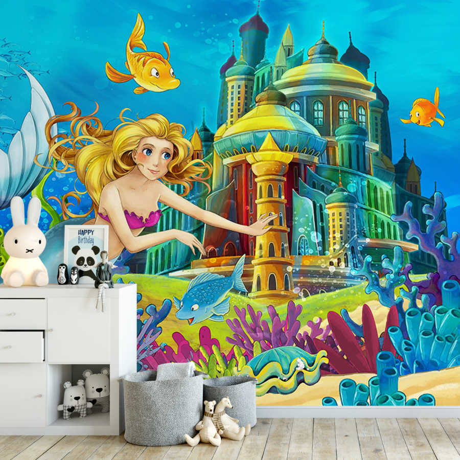 Mermaid going to her palace with fishes kids room wall mural