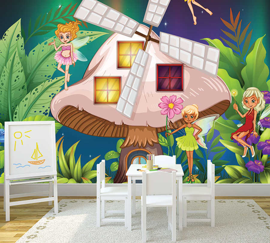 Mushroom house and fairies in the jungle kids room wall mural