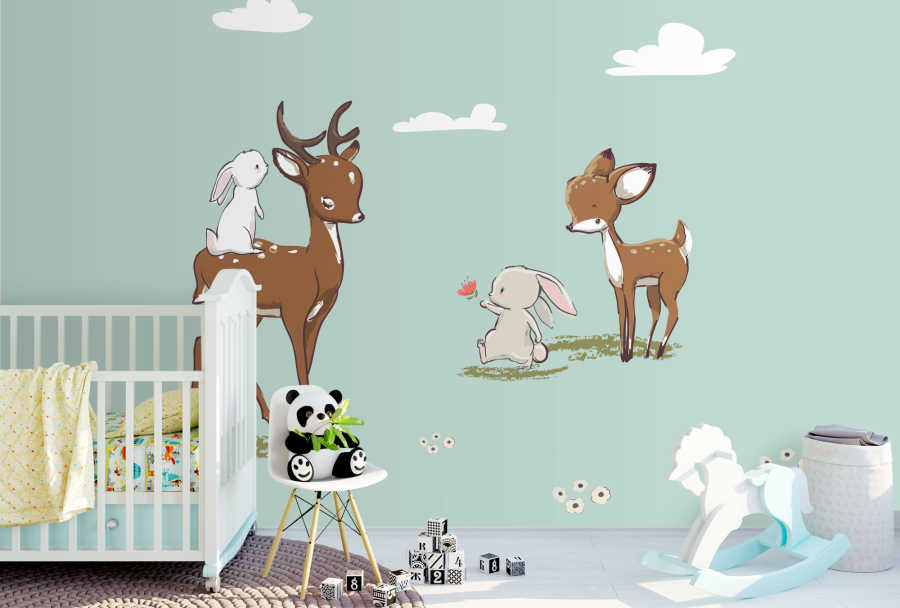 Friendship of foal gazelle and bunny baby room wall mural