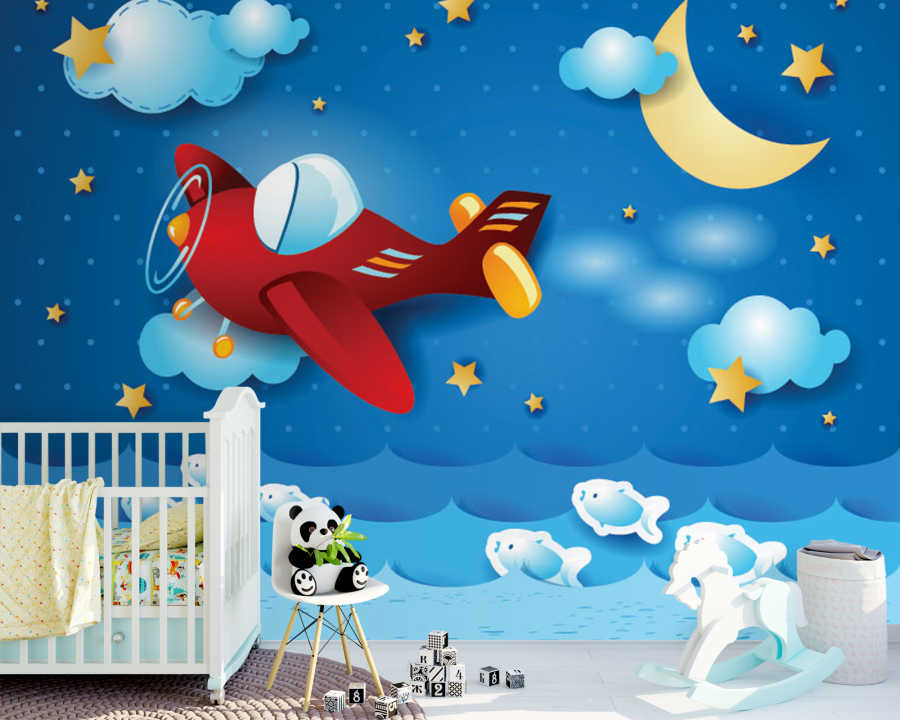 Yıldızlı gecede uçan pervaneli uçak bebek odası duvar kağıdı